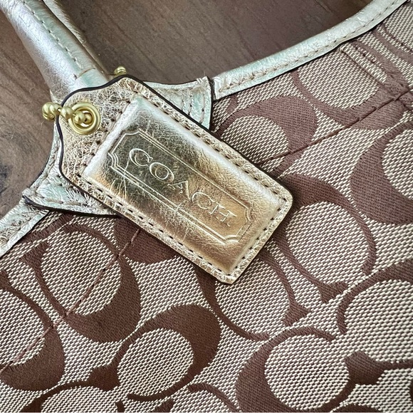 Coach Gold and Brown women signature Tote Bag with leather flower accents - Picture 10 of 15